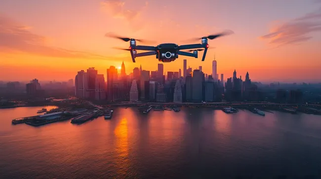 Drohne filmt Skyline von New York im Sonnenuntergang