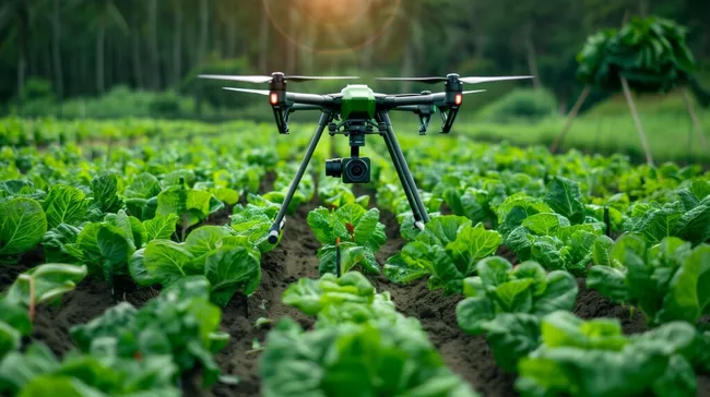 Drohne fliegt über Gemüsefeld zur Überwachung