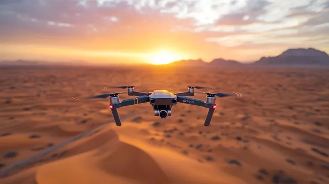 Drohne fliegt über Sanddünenlandschaft im Sonnenuntergang