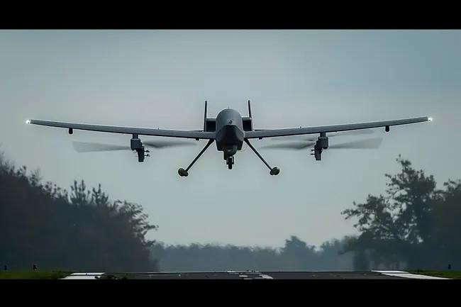 Drohne im Anflug über grüner Landschaft
