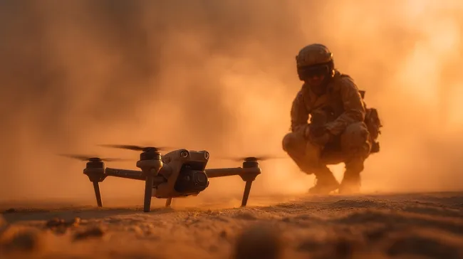 Drohne in staubigem Militäreinsatz: Düstere Kampfszene