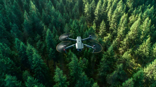 Drohne schwebt über grünem Nadelwald bei Tageslicht