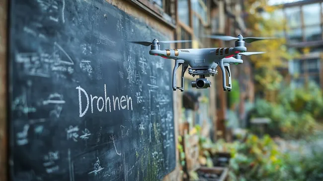Drohne schwebt vor Tafel in rustikaler Umgebung