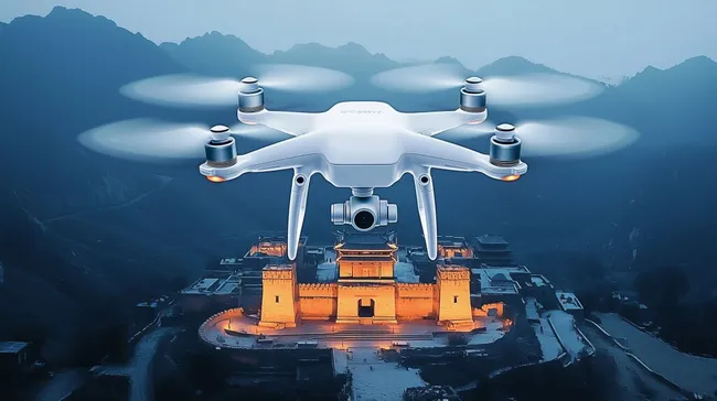 Drohne über beleuchteter historischer Stätte in den Bergen