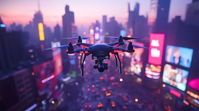 Drohne über futuristischer New Yorker Skyline bei Nacht