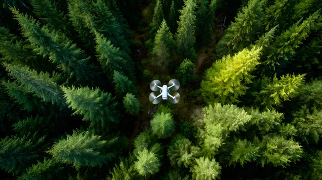 Drohne über grünem Nadelwald aus Vogelperspektive