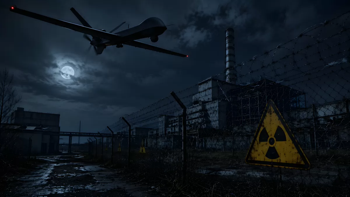 Drohne über verlassenem Kernkraftwerk bei Nacht
