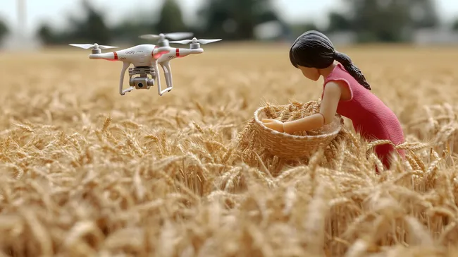 Drohne über Weizenfeld mit Ernterin