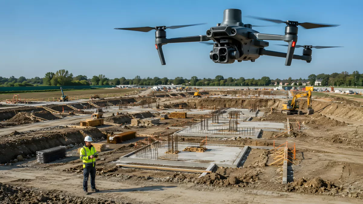 Drohne überfliegt aktive Baustelle mit Fundament