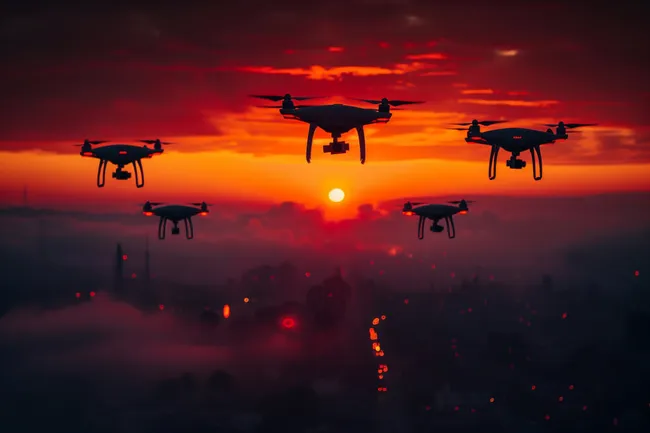 Drohnen am dramatischen Sonnenuntergang