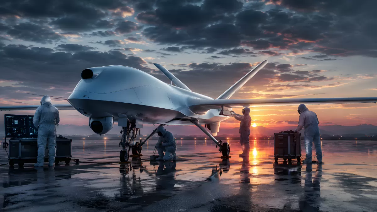 Drohnen-Wartung bei Sonnenuntergang auf Militärflugplatz