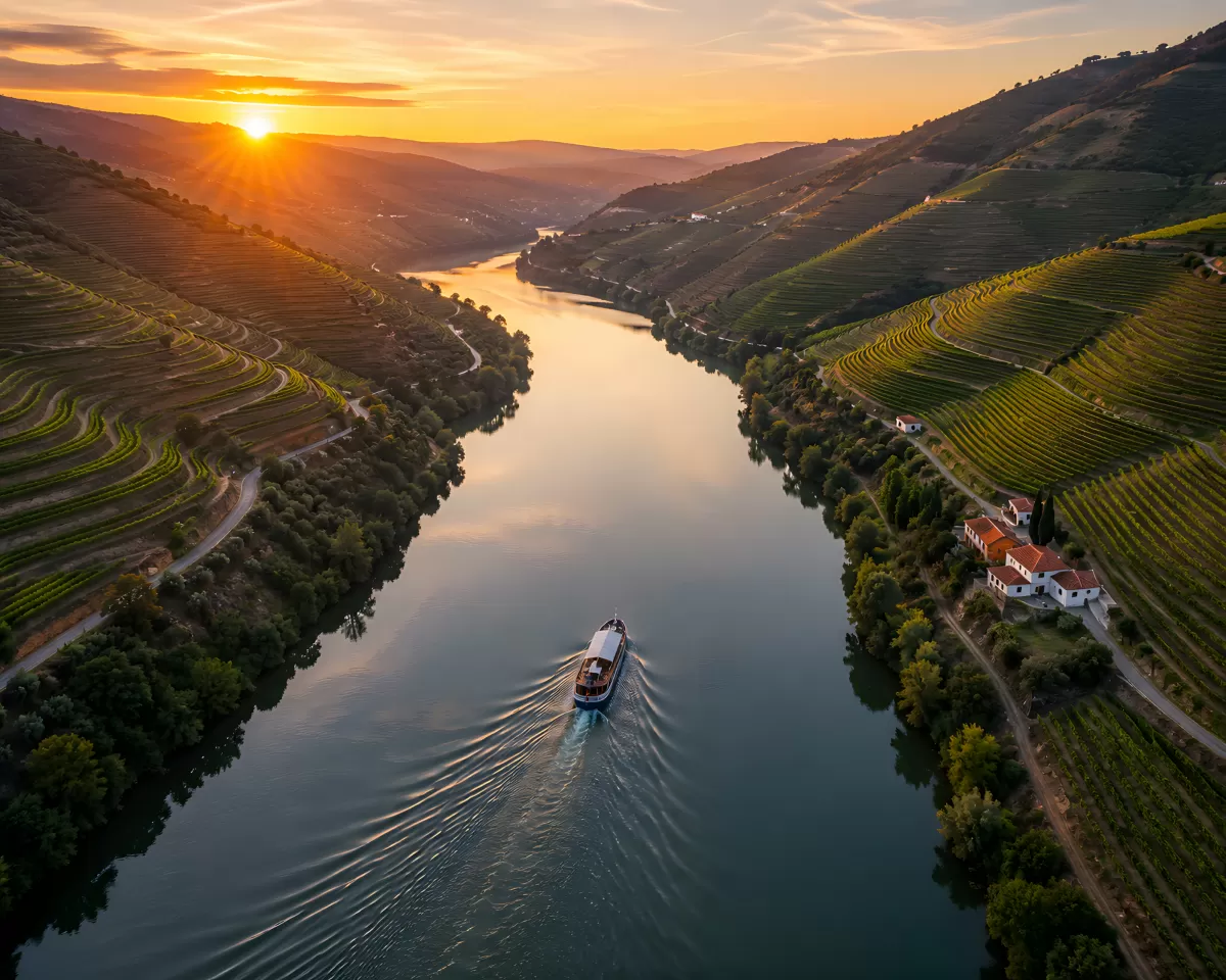 Drohnenaufnahme Douro-Tal mit Weinbergen bei Sonnenuntergang