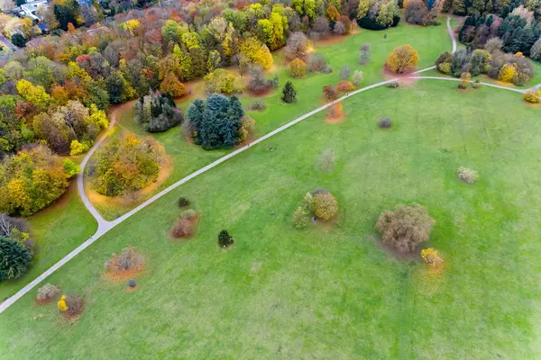 Drohnenaufnahme von Herbstbäumen in bunten Farben im Forstbotanischen Garten und Friedenswald in Köln
