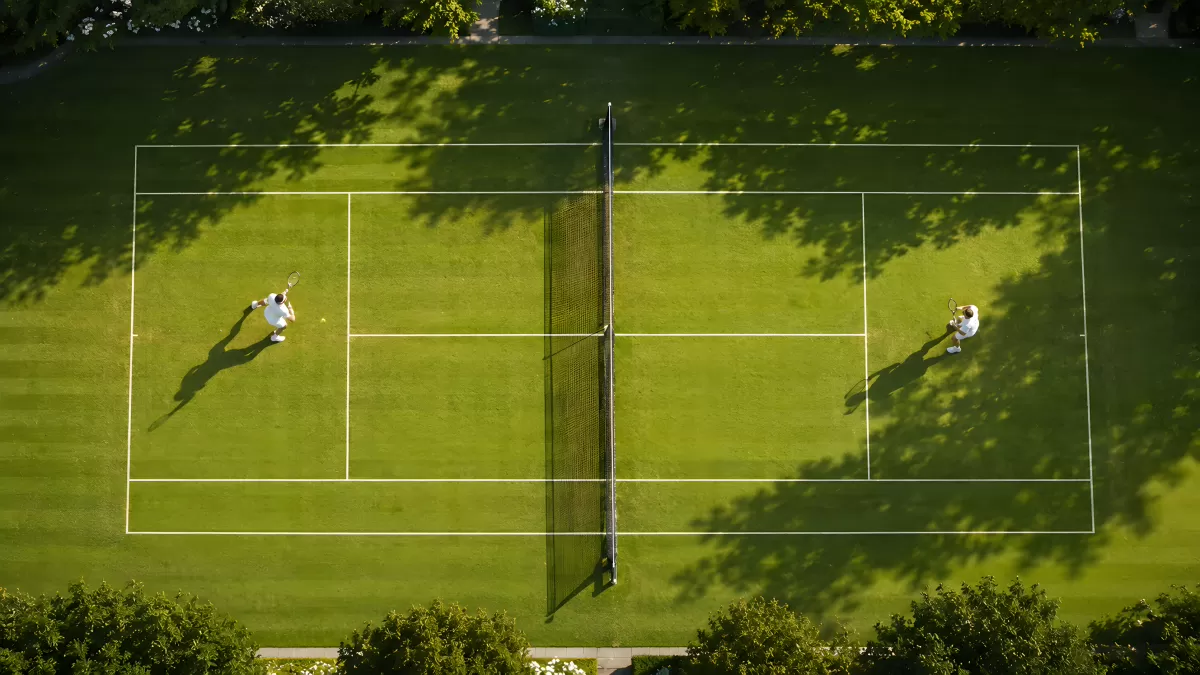 Drohnenaufnahme zweier Tennisspieler auf Rasenplatz