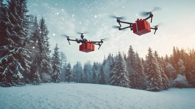 Drohnenflotte liefert Weihnachtsgeschenke im verschneiten Wald