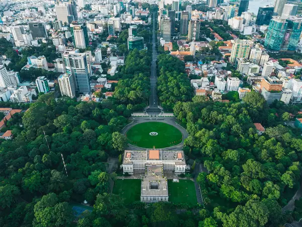 Drone Photo of Le Duan Street leading to the Independance Palace with Helicopter in District 1 in Ho Chi Minh City, Vietnam