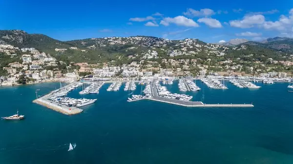 Drone photo of the marina in Puerto de Andraitx, Mallorca