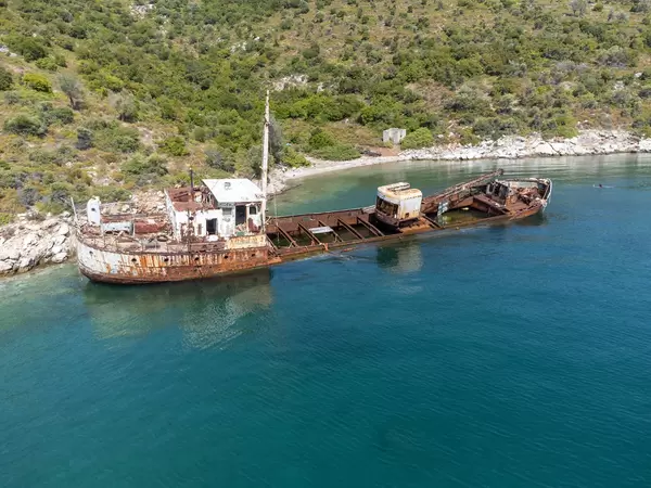 Drone photo of the Peristera shipwreck at the north of Kokkalia bay on the islet east of Alonnisos