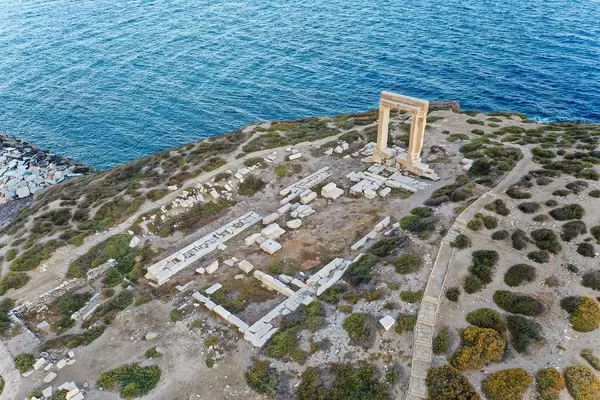 Drone photo of the Portara, the lintel of the unfinished temple of Apollo. Landmark of Naxos