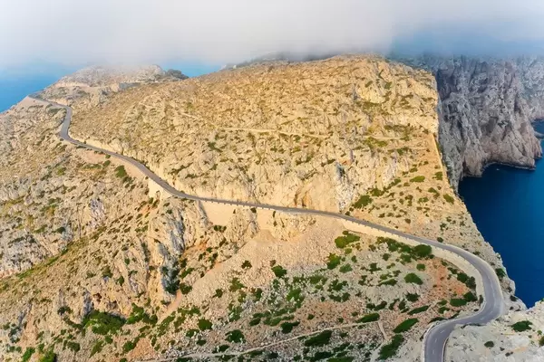 Drone photo of the road leading to the Formentor lighthouse on Majorca: an unforgettably scenic drive