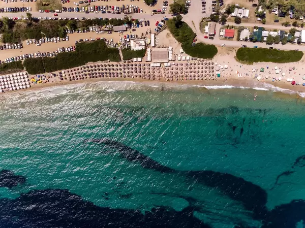 Drone photo of the sea, beach and the camping site Camping Paliouri