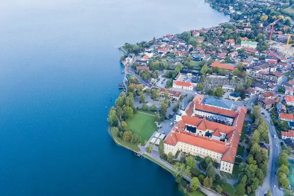 Drone photo with a view of Lake Tegernsee and the benedict monastery in the town of Tegernsee