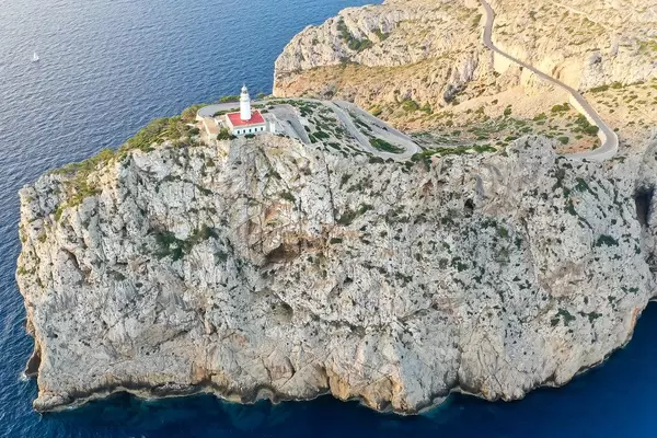 Drone pic. The steep cliffs of the northernmost tip of the Balearic islands: Cap de Formentor in Mallorca