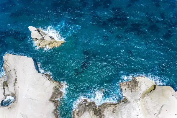 Drone picture of the Aegean Sea and the north coast of the Greek island of Milos in Sarakiniko
