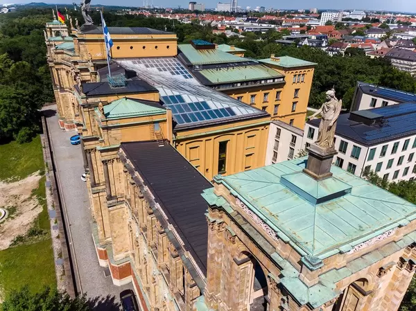 Drone picture of the building of the Bavarian State Parliament and the City of Munich in the background