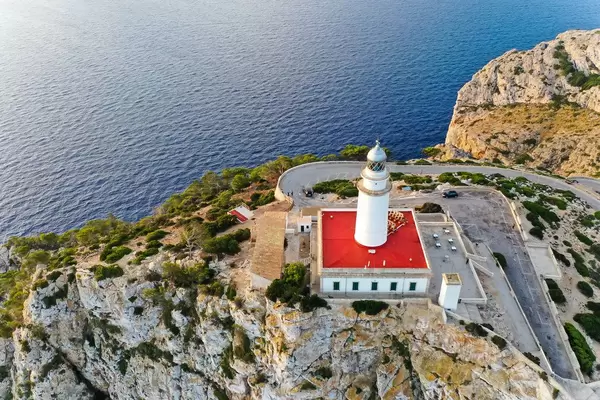 Drone shot of the Cap de Formentor lighthouse: one of the main places of interest on Majorca