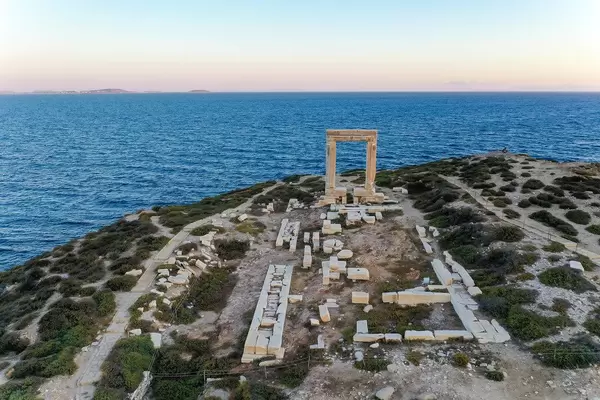 Drone shot. The monumental marble gate of the temple of Apollo on the Palátia islet, Naxos