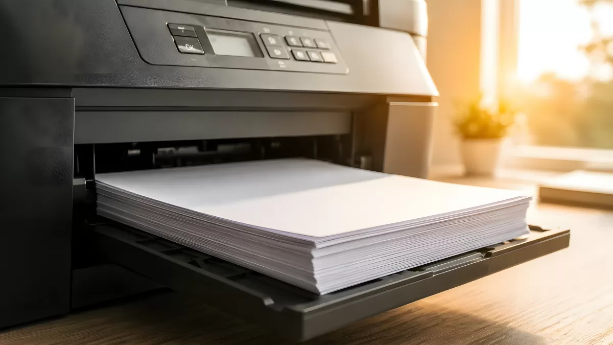 Drucker mit gefülltem Papierfach im Büroalltag