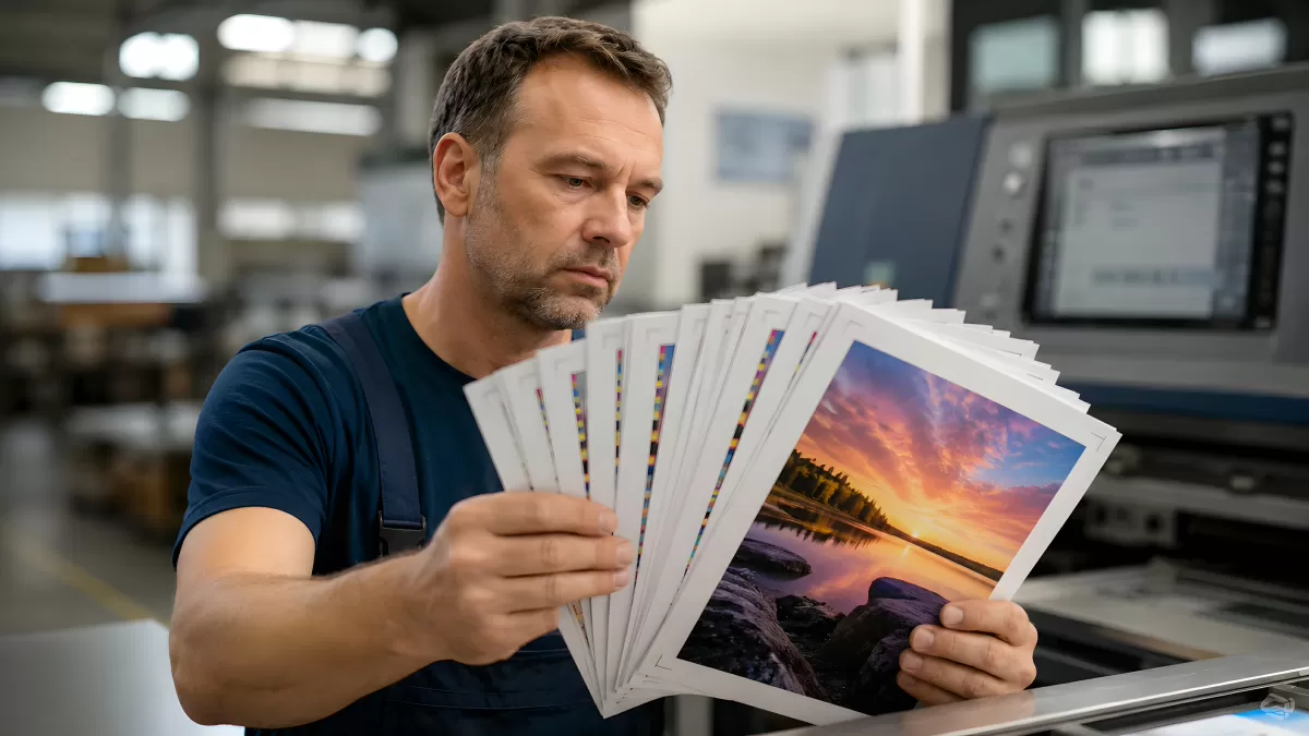 Drucktechniker prüft Fotodrucke in der Druckerei
