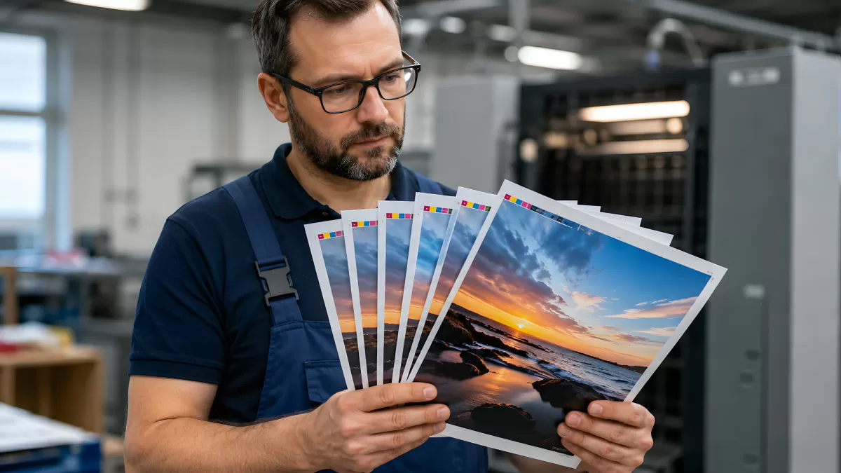 Drucktechniker prüft Fotodrucke in Druckerei