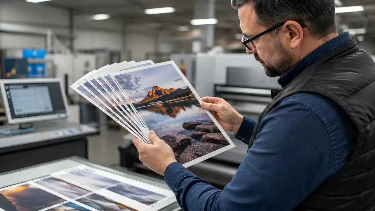 Drucktechniker prüft Landschaftsfotos in Druckerei