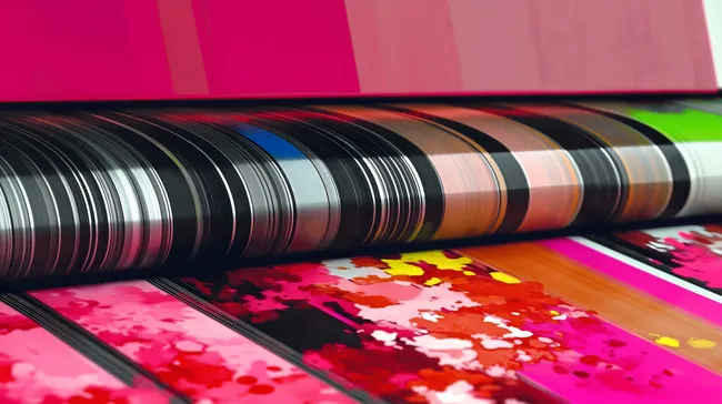 Druckwalze mit farbenfrohen Mustern in Druckerei