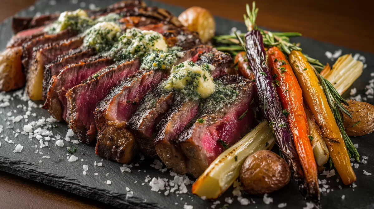 Dry Aged Entrecôte mit Ofengemüse auf Schieferplatte