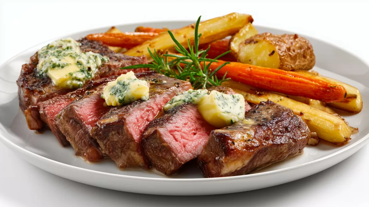 Dry Aged Entrecôte mit Ofengemüse photorealistisch