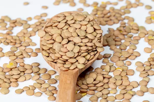 Dry seeds of pardin lentils in a wooden spoon and sprinkled on a white background (Flip 2020)