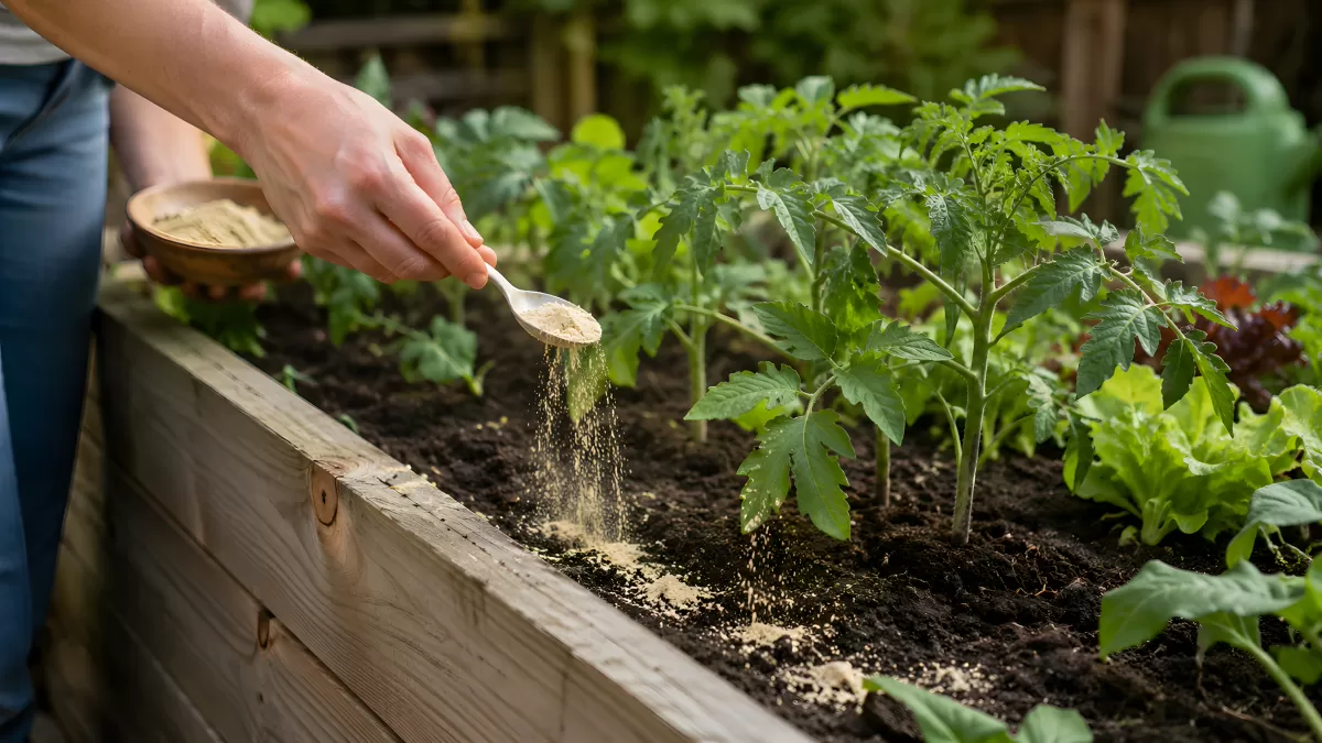 Dünger streuen im Hochbeet mit Tomaten