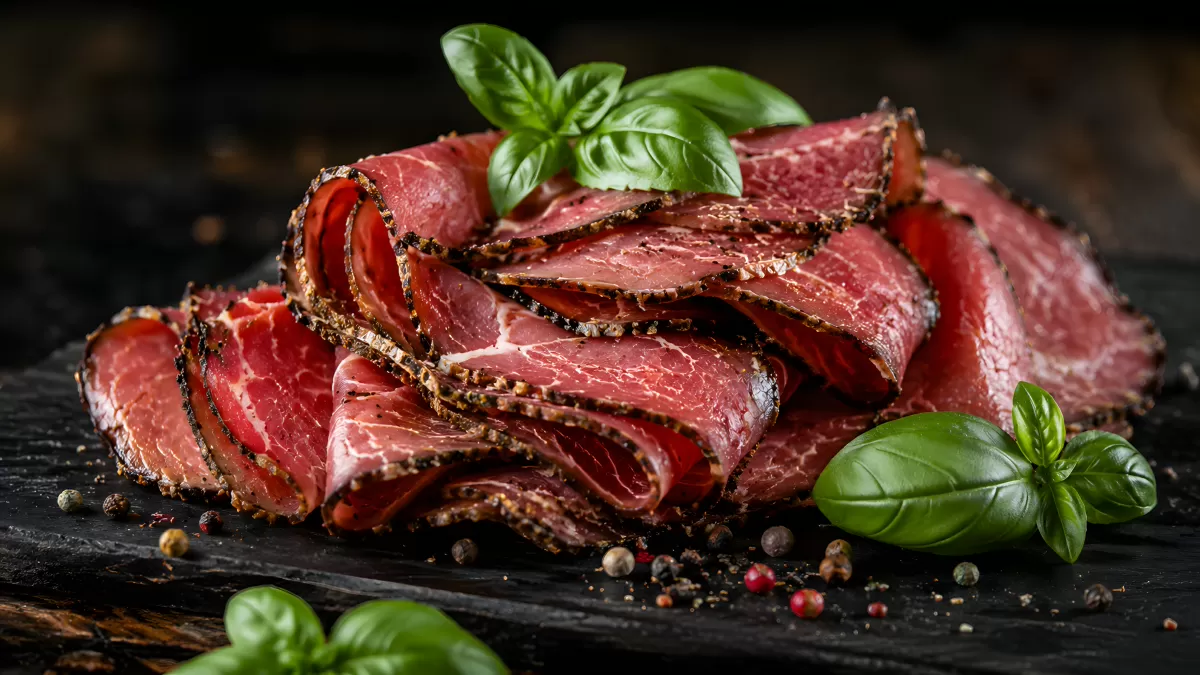 Dünn aufgeschnittener Rindfleisch-Schinken mit Kräutern