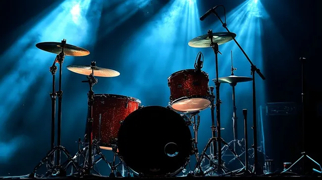 Düstere Bühne mit Schlagzeug-Instrumenten