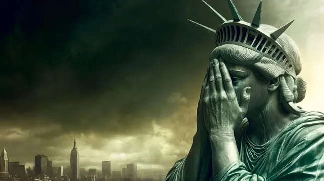 Düstere Freiheitsstatue mit bedecktem Gesicht