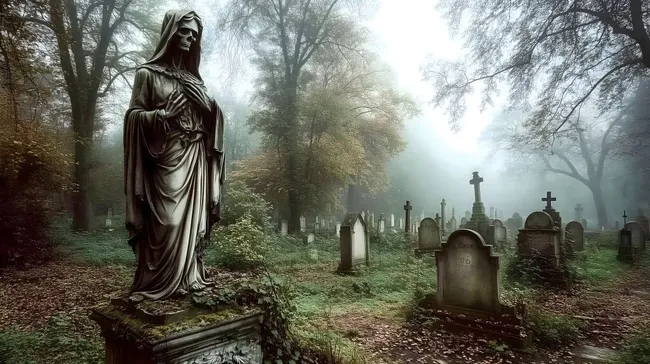 Düstere Friedhofsatmosphäre mit imposanter Sensenmann-Statue