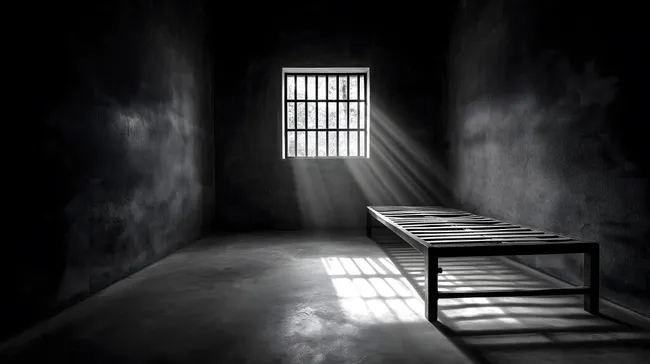 Düstere Gefängniszelle mit Lichtstrahl durchs Gitterfenster