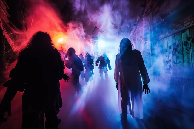 Düstere Gestalten in farbiger Nebellandschaft