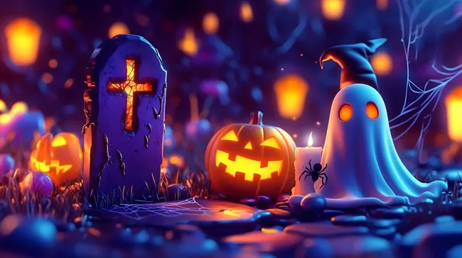 Düstere Halloween-Stimmung mit Grabstein, Kürbis und Geist