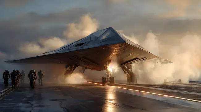 Düsterer Kampfjet-Start vom Flugzeugträger