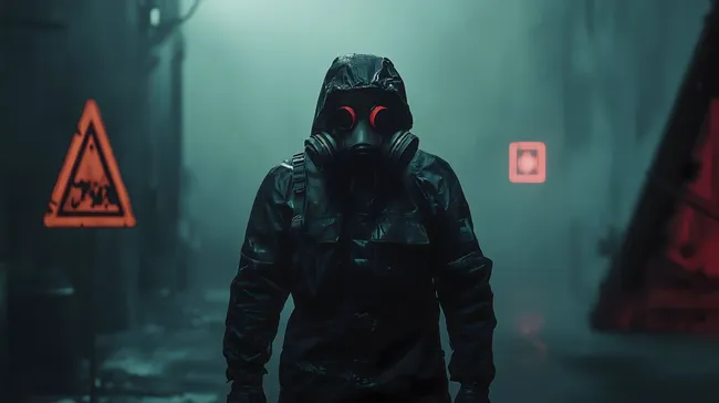 Düsterer Mann in Schutzkleidung in Nebellandschaft