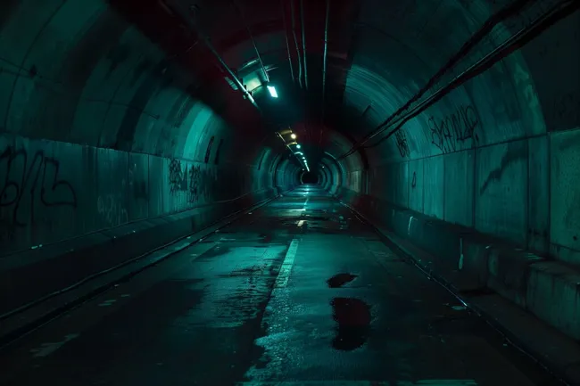 Düsterer, verlassener Tunnel mit Graffiti und Feuchtigkeit